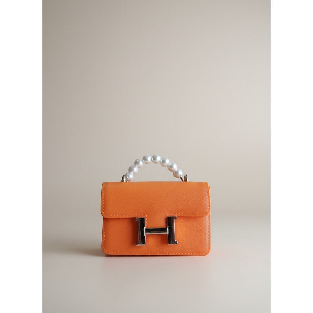 Girls Orange Mini Handbag Pearl Handle H Buckle Plastic Toy Purse